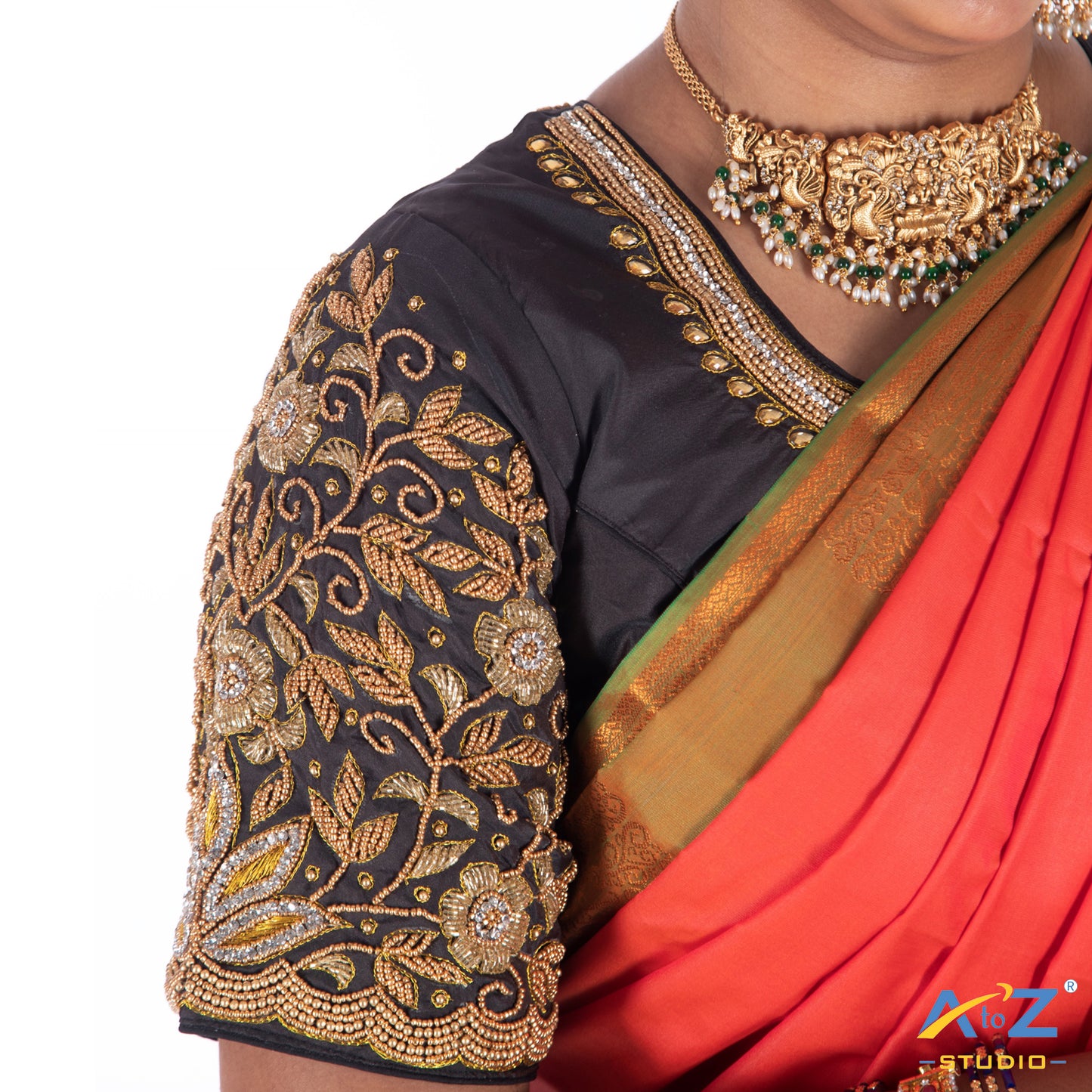Black Silk Cloth Blouse with (double big peacock at back ) ( flower and leaf at sleeves) Design