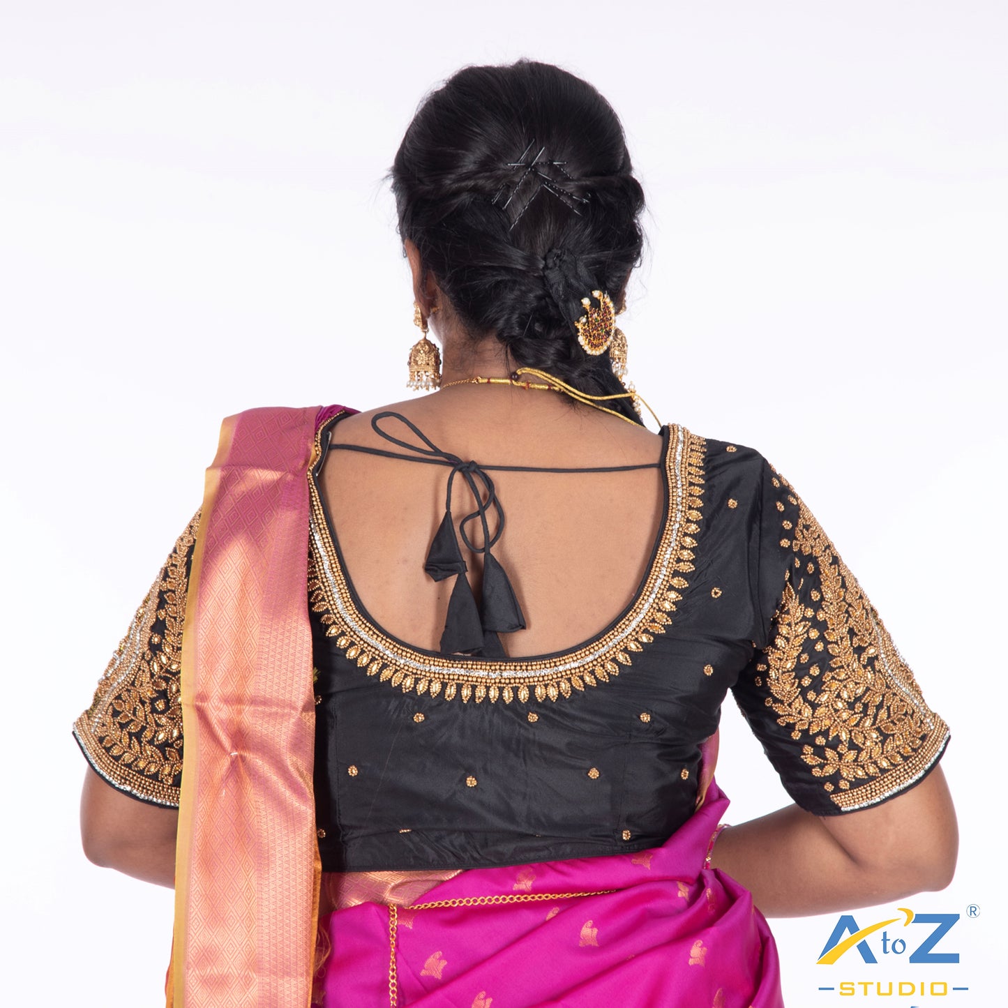Black Silk Cloth Blouse with Small leaf and chain work Design