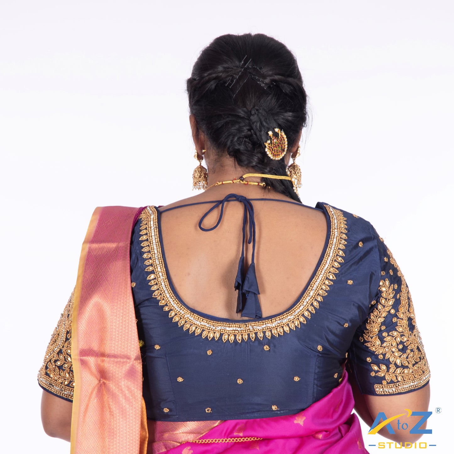 Navy Blue Silk Cloth Blouse with Small leaf and chain work Design