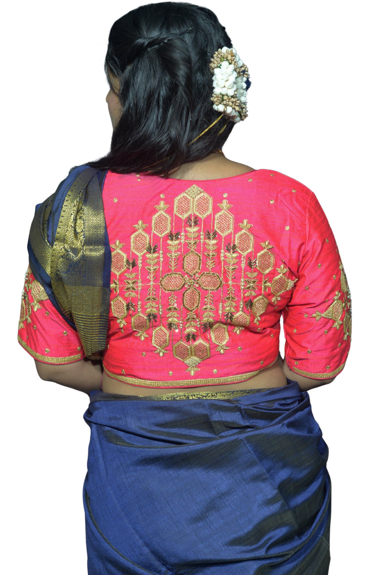 V Pink Blouse with Floral & Geometric Embroidery