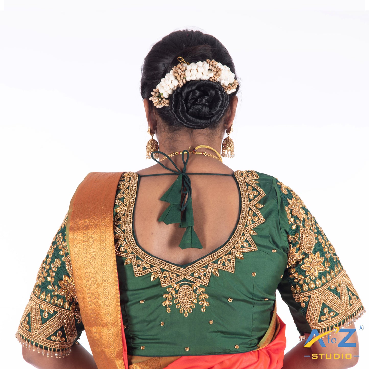 Dark Forest Green Silk Cloth Blouse with Flower, mango and triangle Design