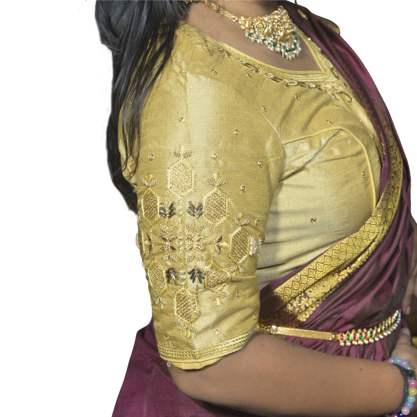 Gold Blouse with Floral & Geometric Embroidery