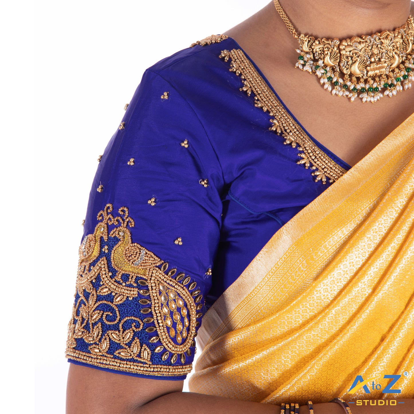Royal Blue Silk Cloth Blouse with Double bird Design