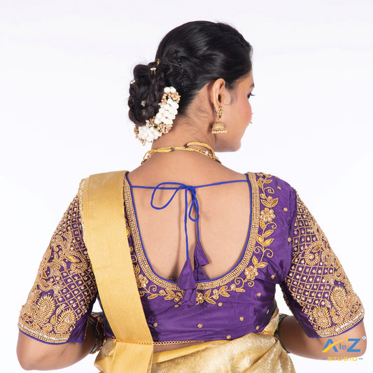 Purple Silk Cloth Blouse with Small Peacock and square chain Design