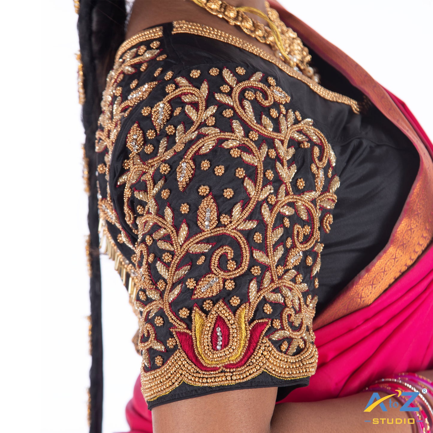 Black Silk Cloth Blouse with Back double peacock and kundan Design