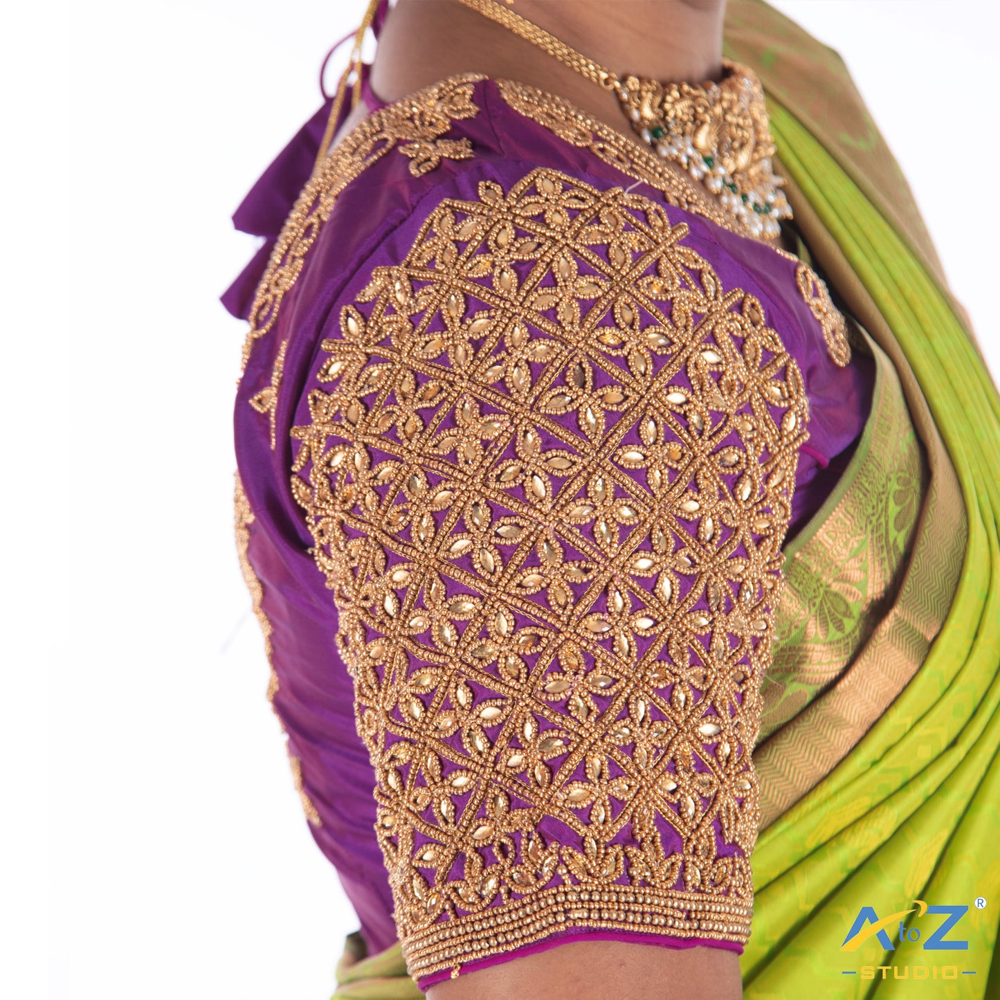 Bright Purple Silk Cloth Blouse with Kundan flower Design Design