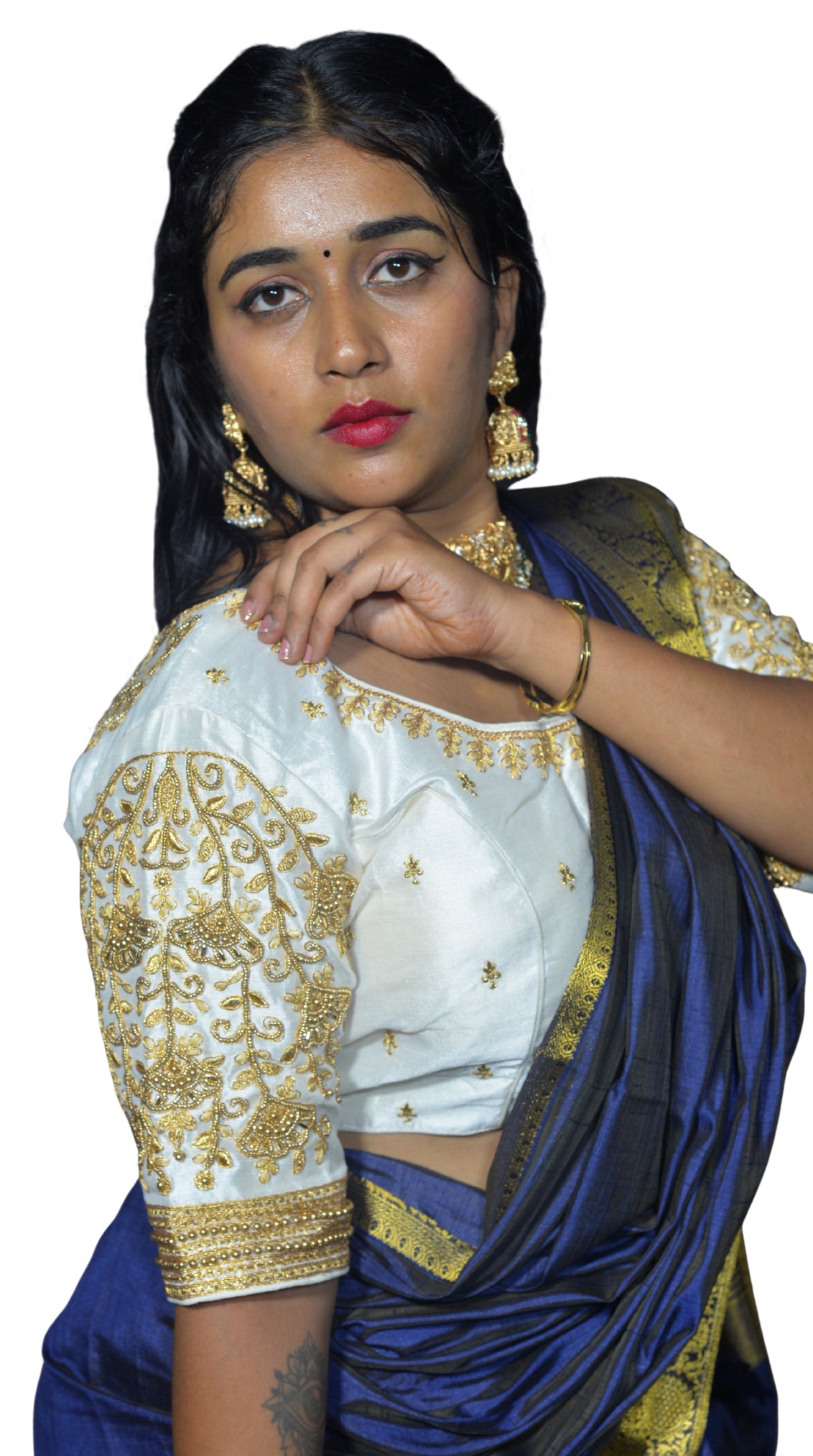 White Blouse with Floral Motifs & Dual Embroidery