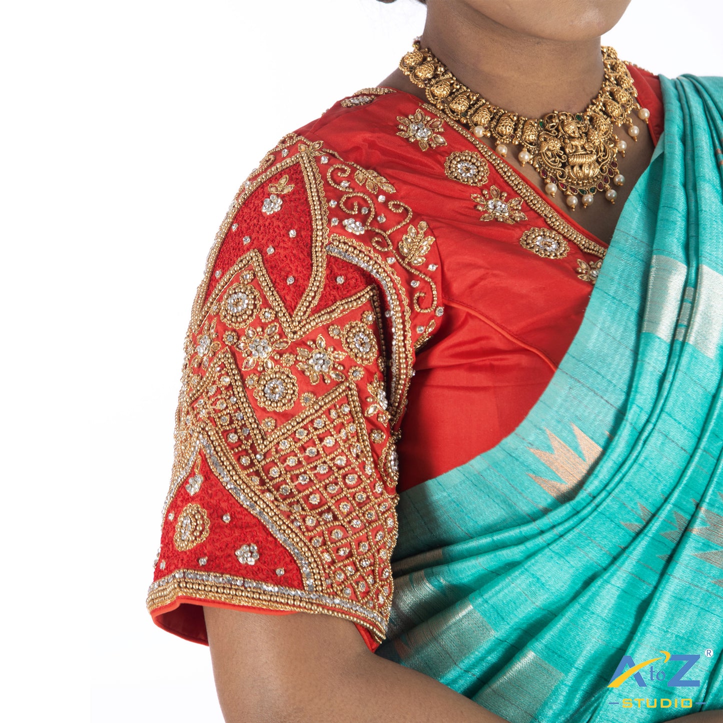 Red Silk cloth Blouse with Chain and kundan design Design