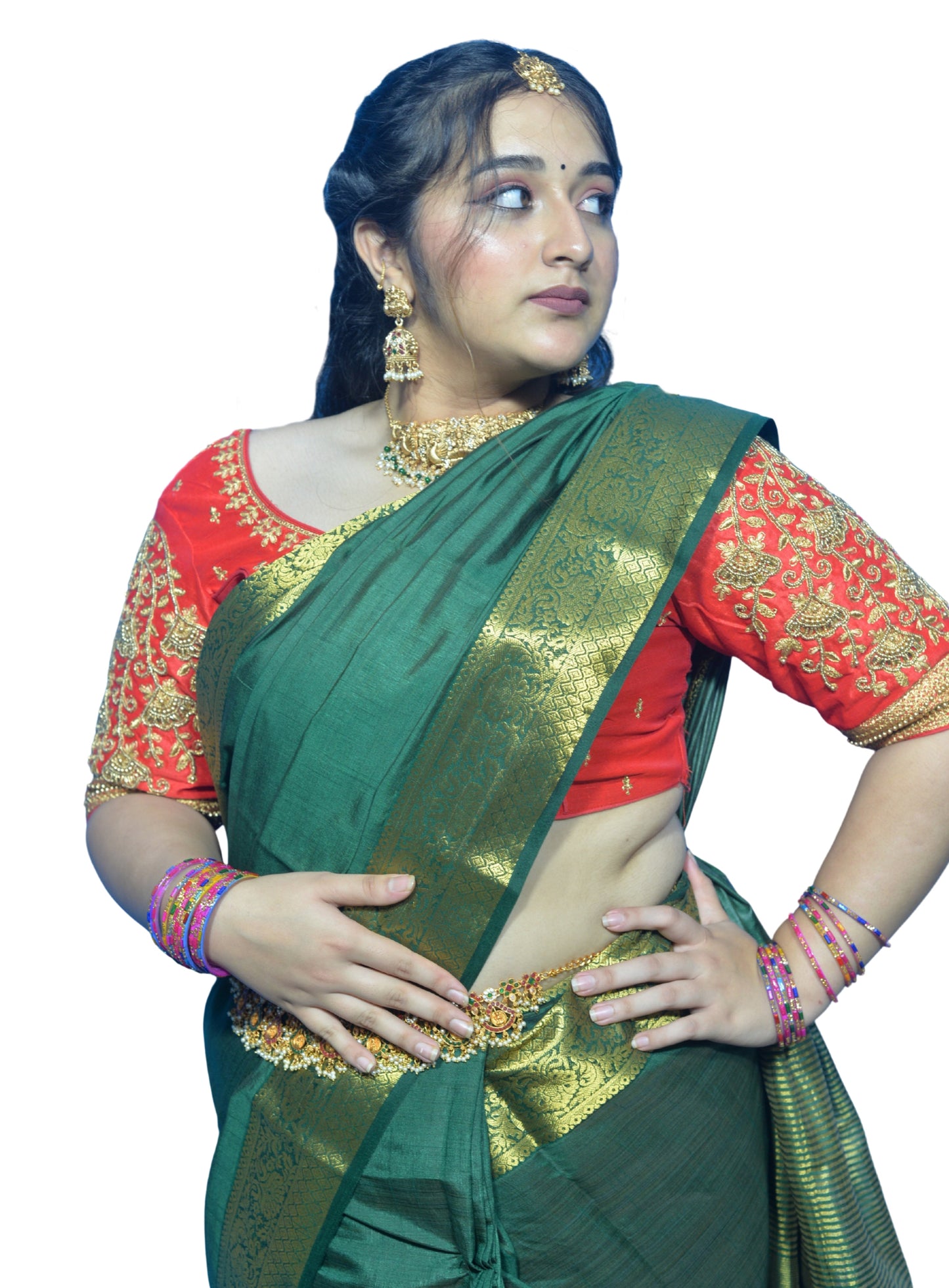 Red Blouse with Floral Motifs & Dual Embroidery