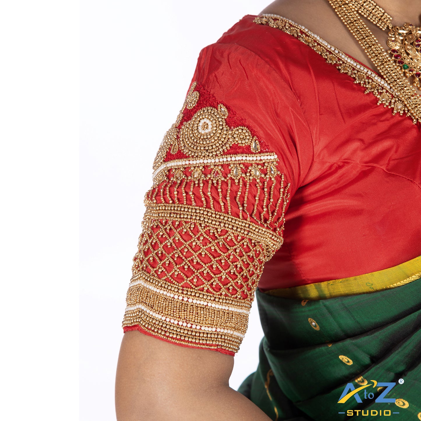 Red Silk Cloth Blouse with Jumka with chain crizz cross Design