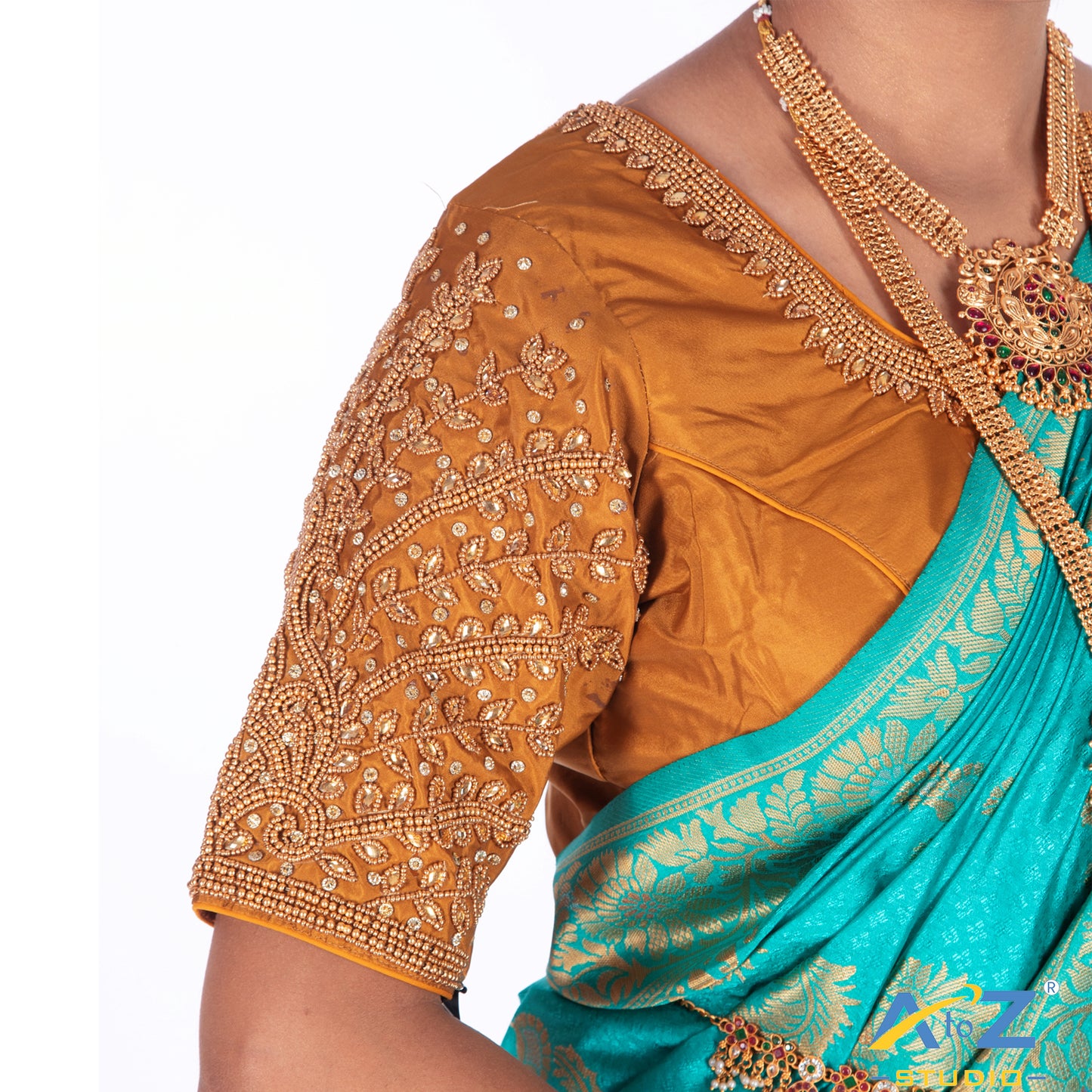 Honey Tissue / Gold Work Blouse with Small leaf (like flower pot) and chain work Design