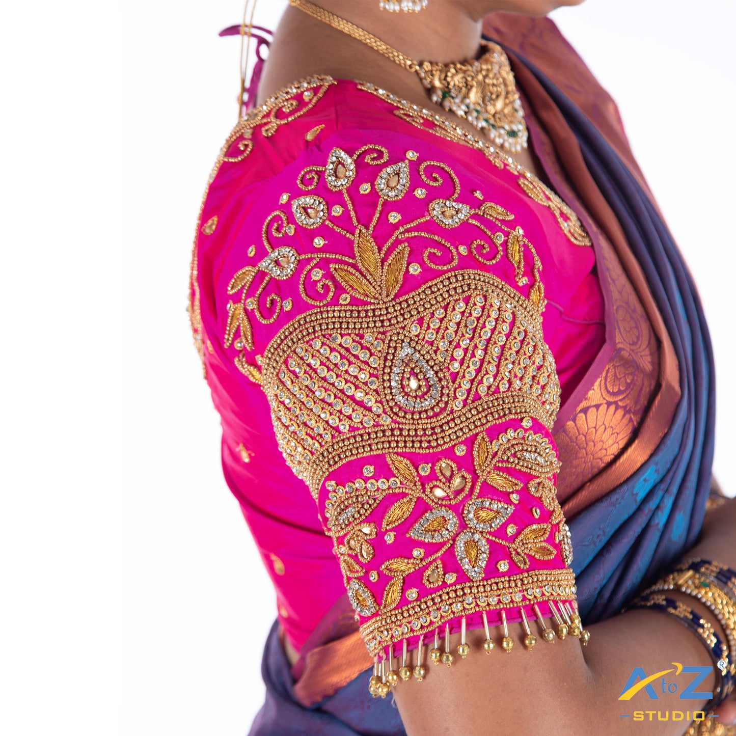 Bright Pink Silk Cloth Blouse with Drop, kubdan and leafs Design