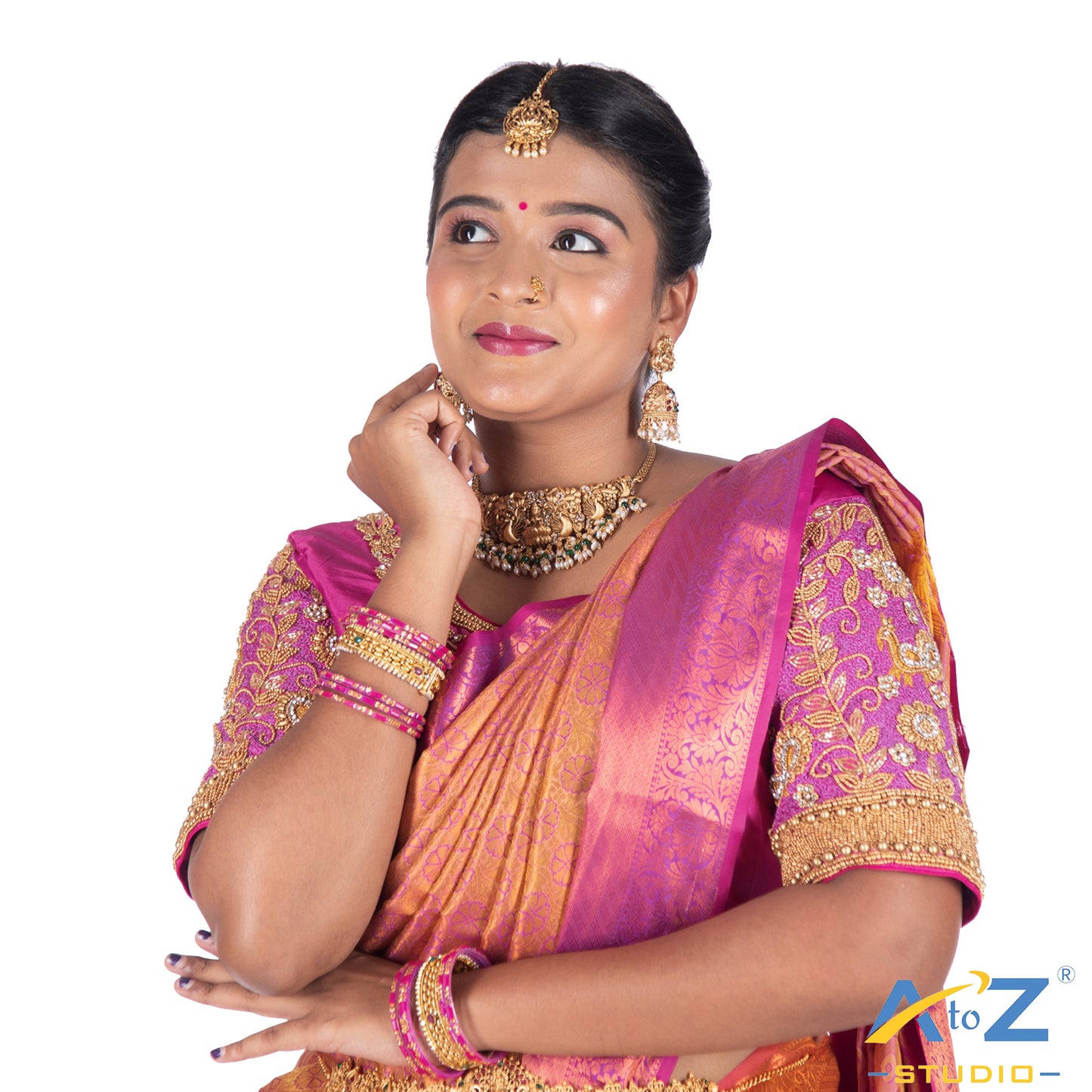 Fuchsia Pink with Aari Work Blouse with leaf and flower mixed Design