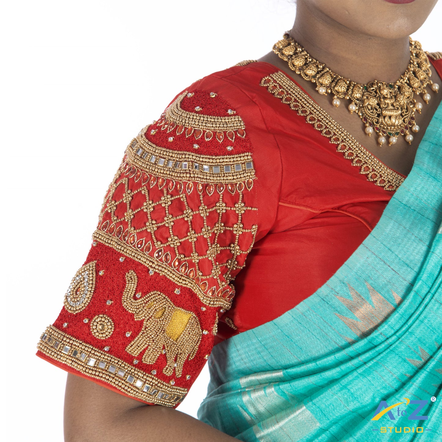 Red Silk Cloth Blouse with Elephant and chain design Design