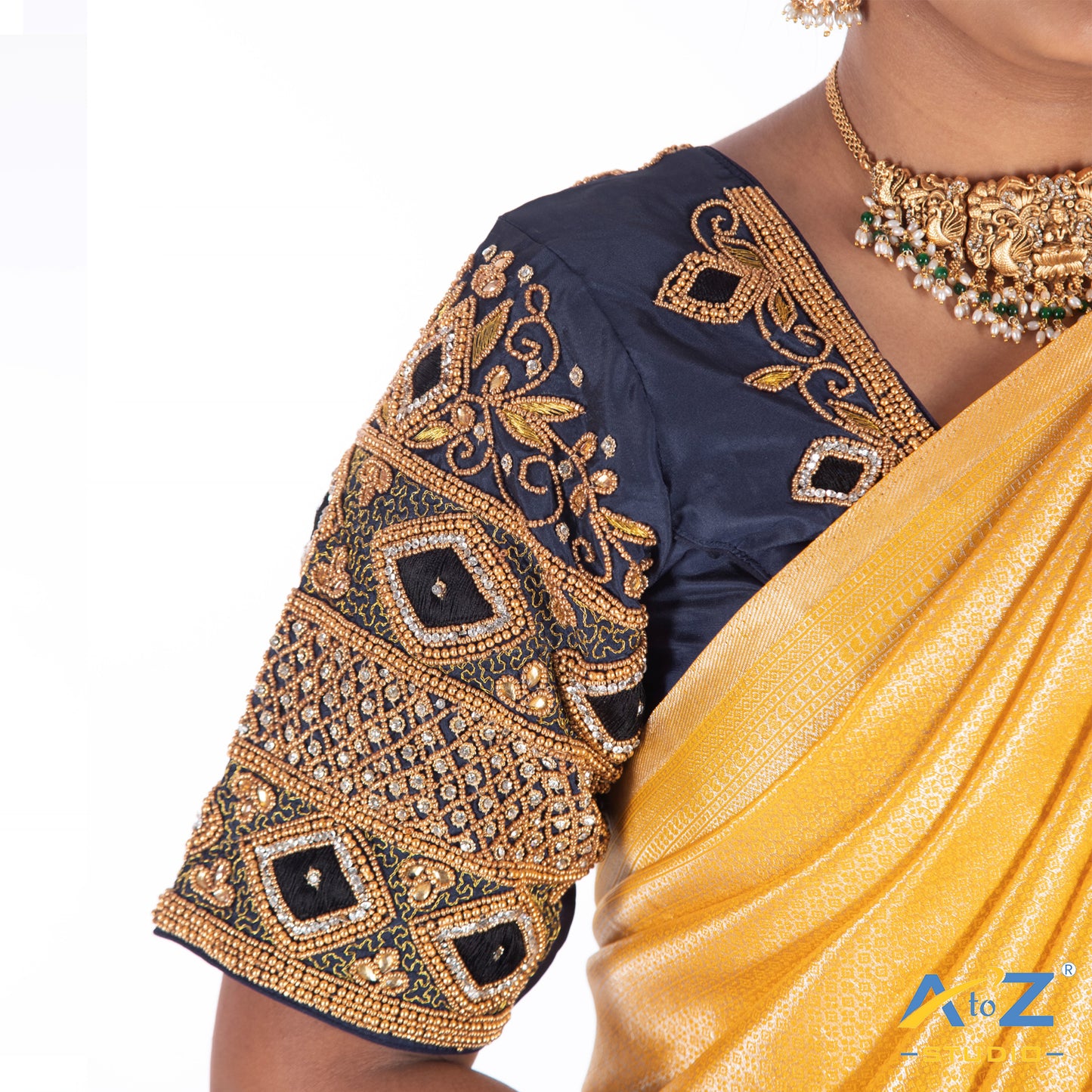 Navy Blue Silk Cloth Blouse with Kite,kundan and leaf design Design