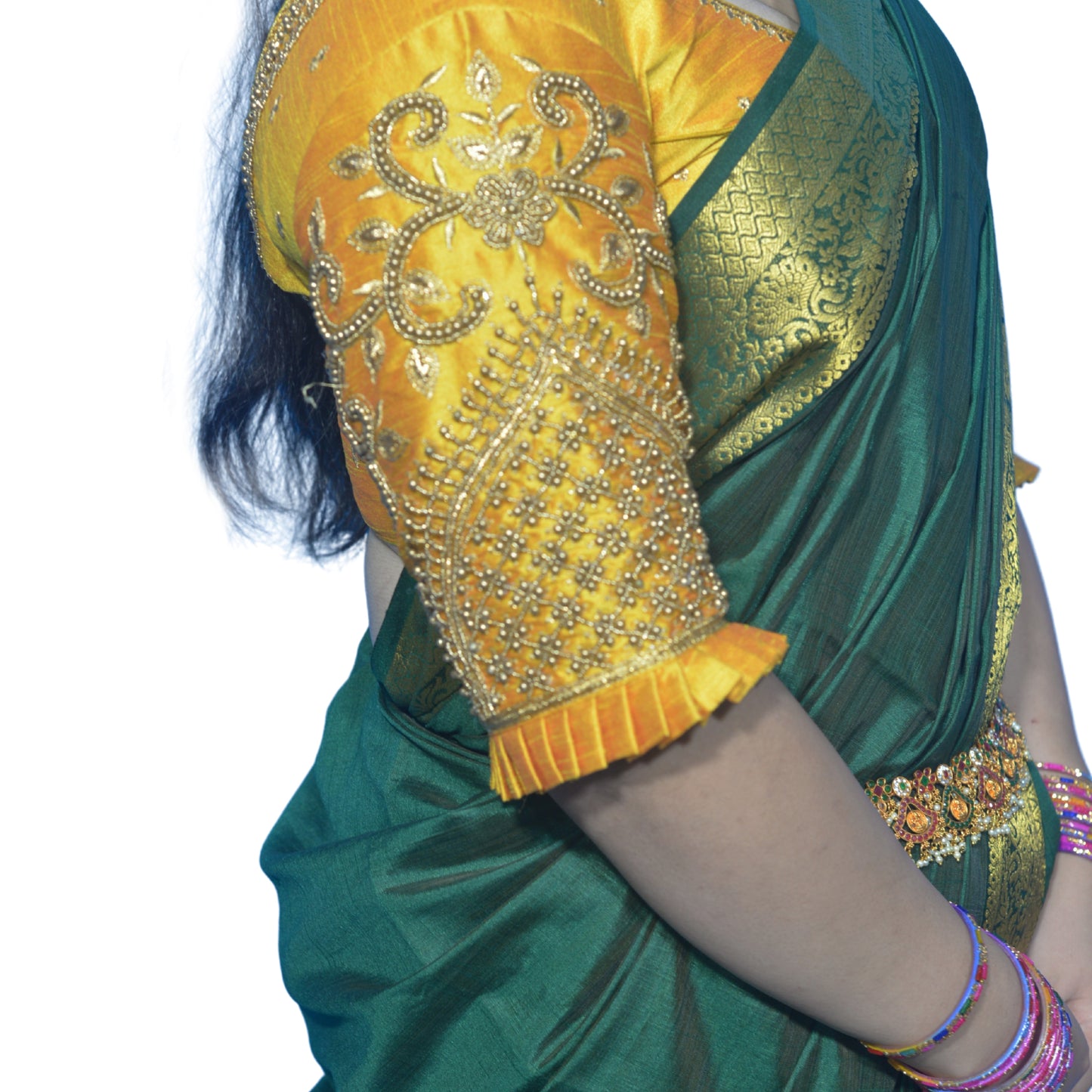 Golden Yellow Blouse with Leaf Sleeves & Dual Embroidery