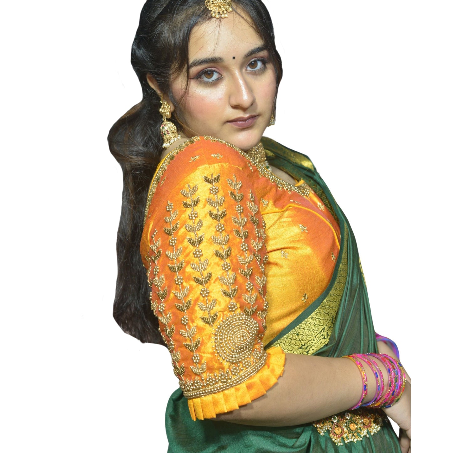 Designer Mango Blouse with Leaf and Flower Sleeve Design and Aari Embroidered Back
