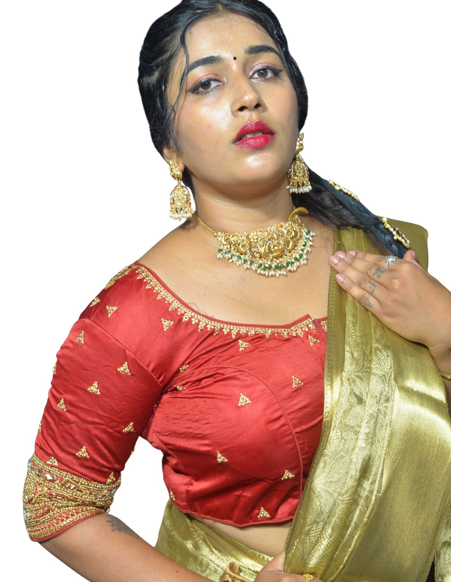 Designer Maroon Blouse with Floral and Silver Moti Sleeves and Aari Embroidered Back