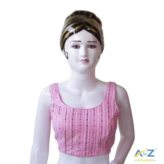 Baby Pink Sequin Striped Sleeveless Blouse