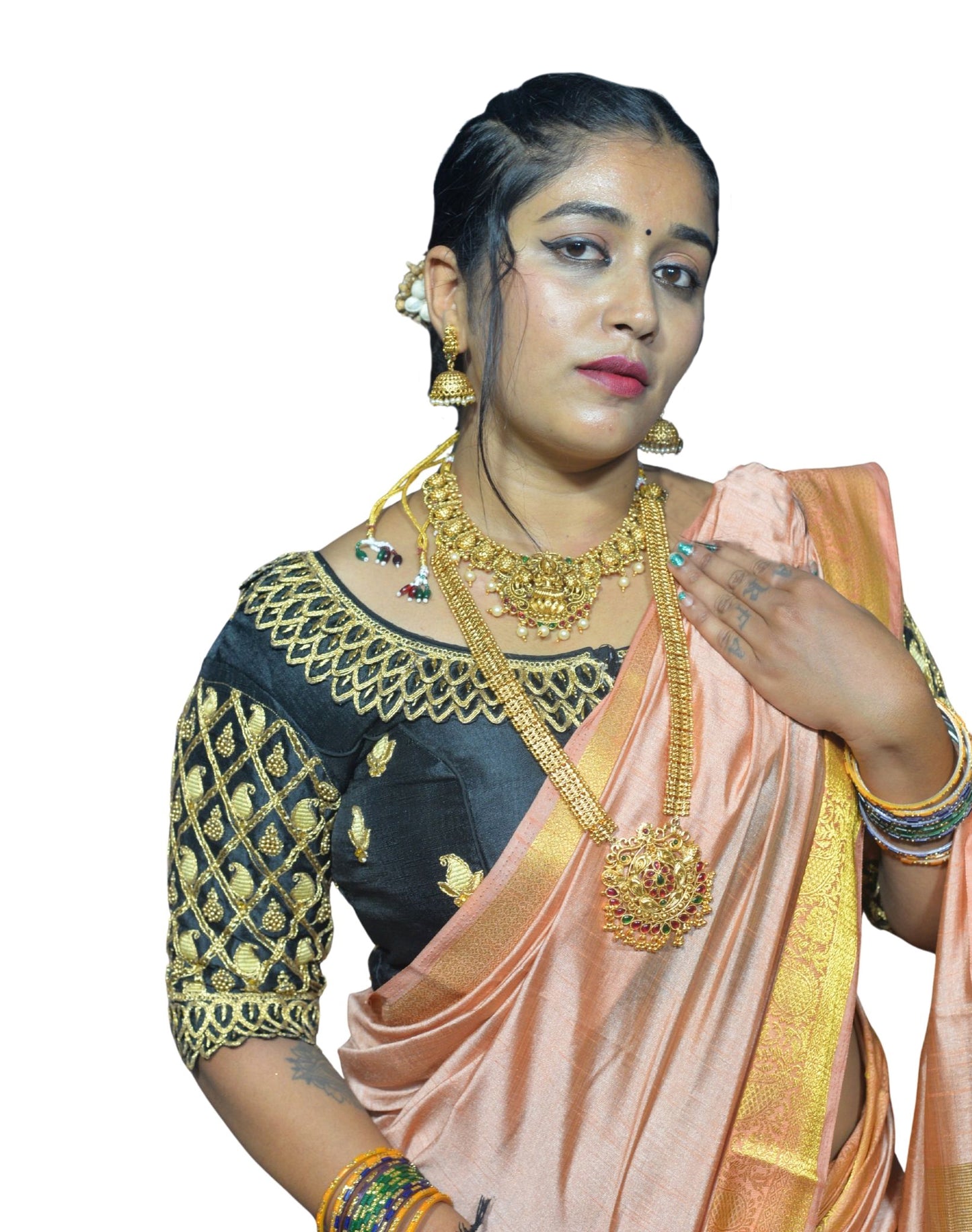 Designer Black Blouse with Criss-Cross Mango Motifs and 5D Peacock Aari Fusion Work