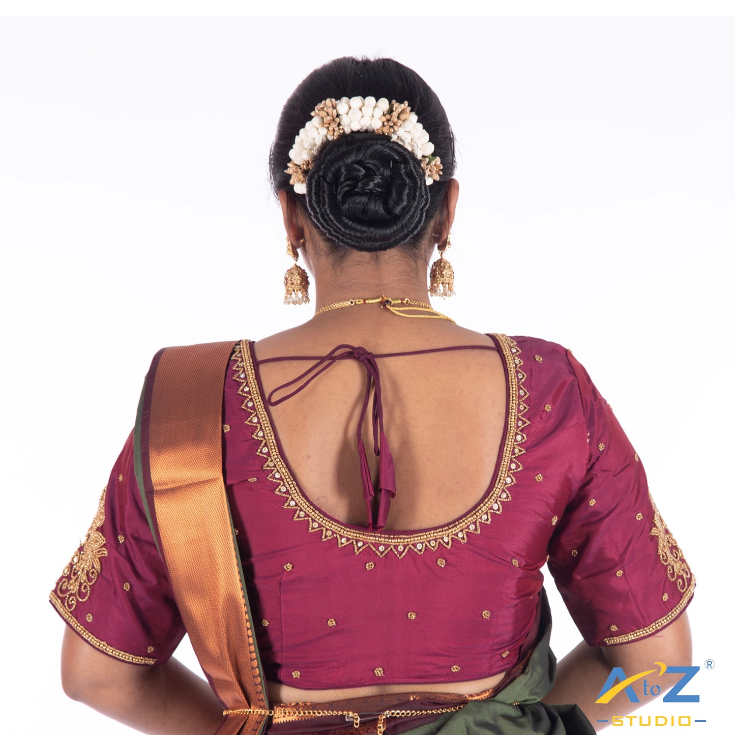 Pink Wine Silk Cloth Blouse with Chain double peacock Design