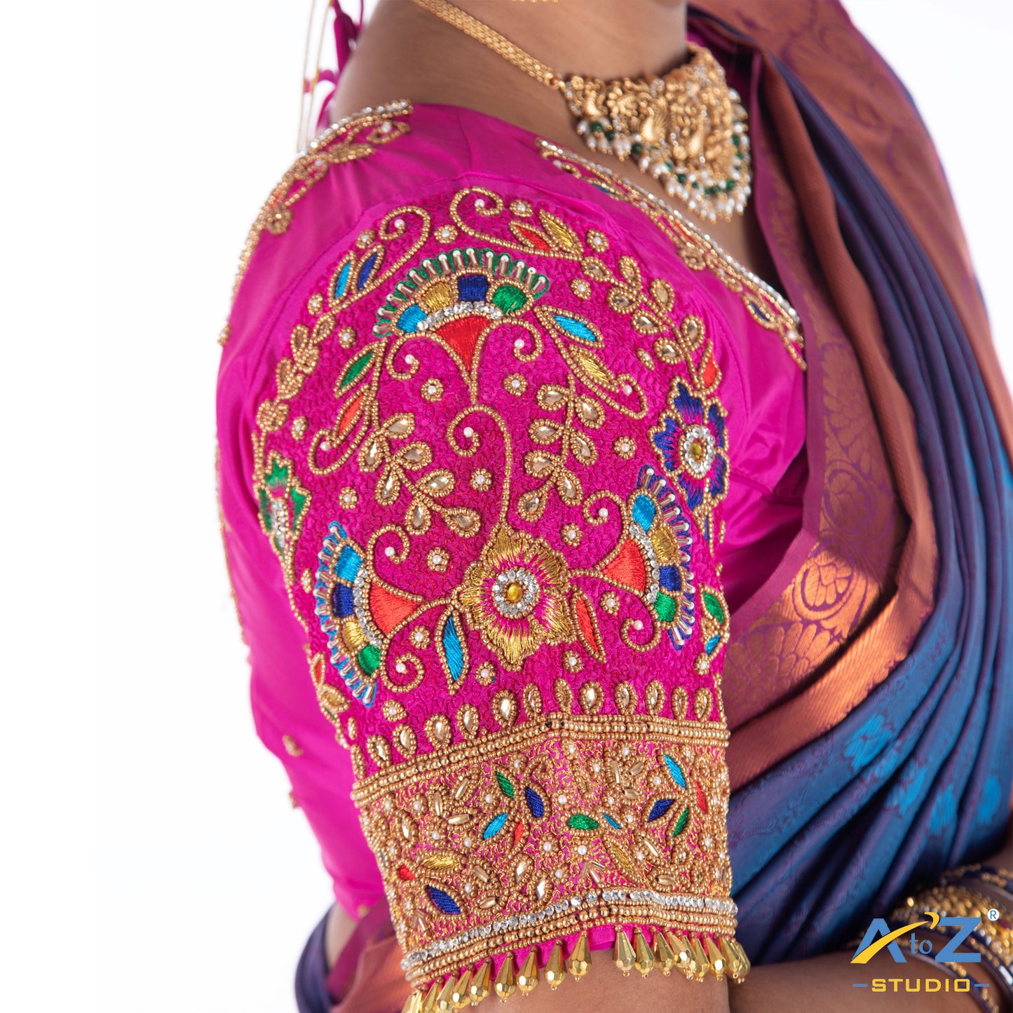 Bright Pink Silk Cloth Blouse with Flower and leaf pattern Design