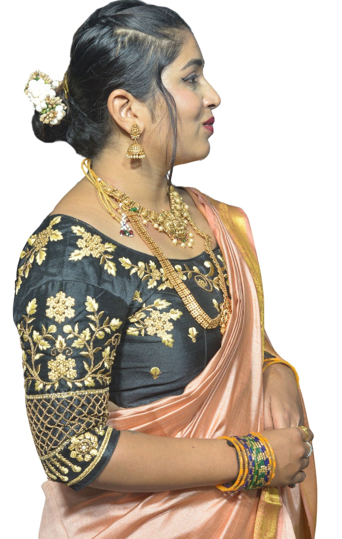 Unique Black Blouse with Floral Motifs and Criss-Cross Sleeve Embroidery in Aari Fusion Work