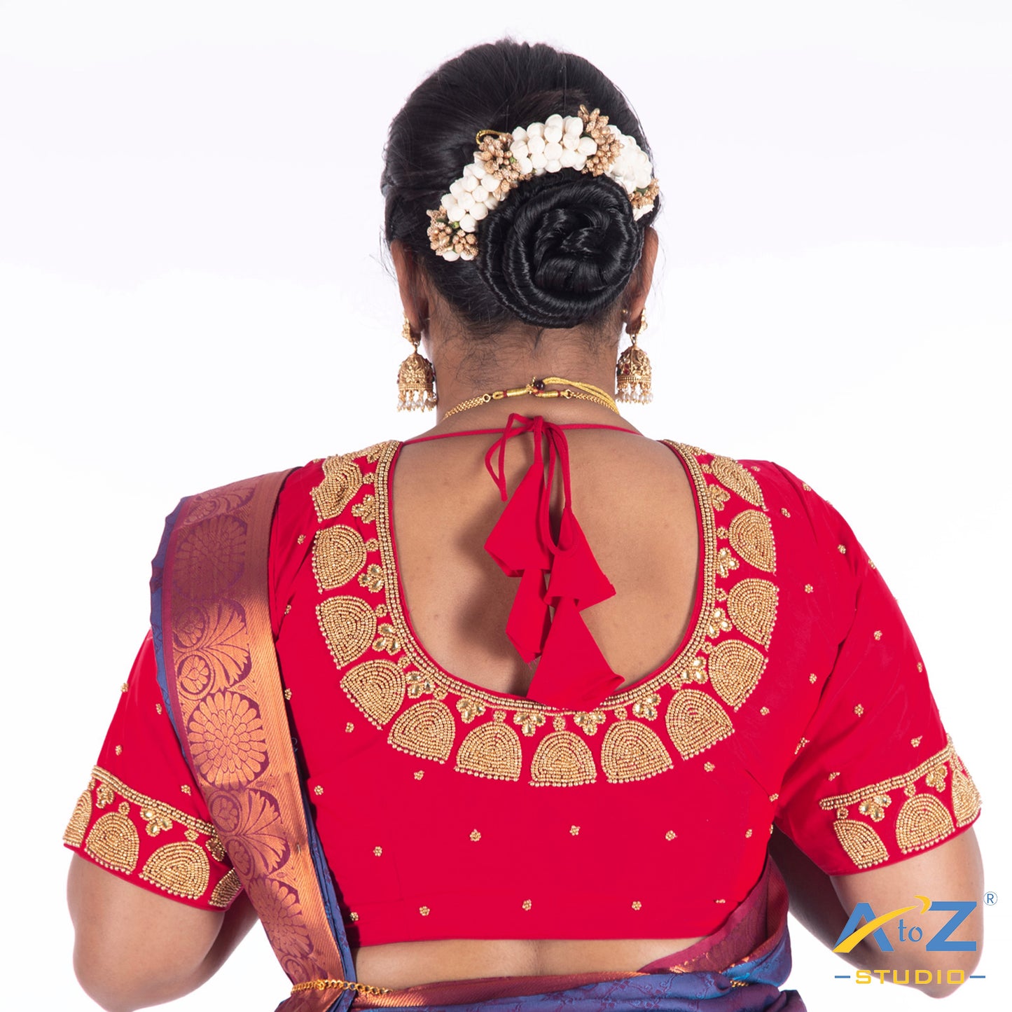 Punch Pink Silk Cloth Blouse with Jhumka design with chain Design