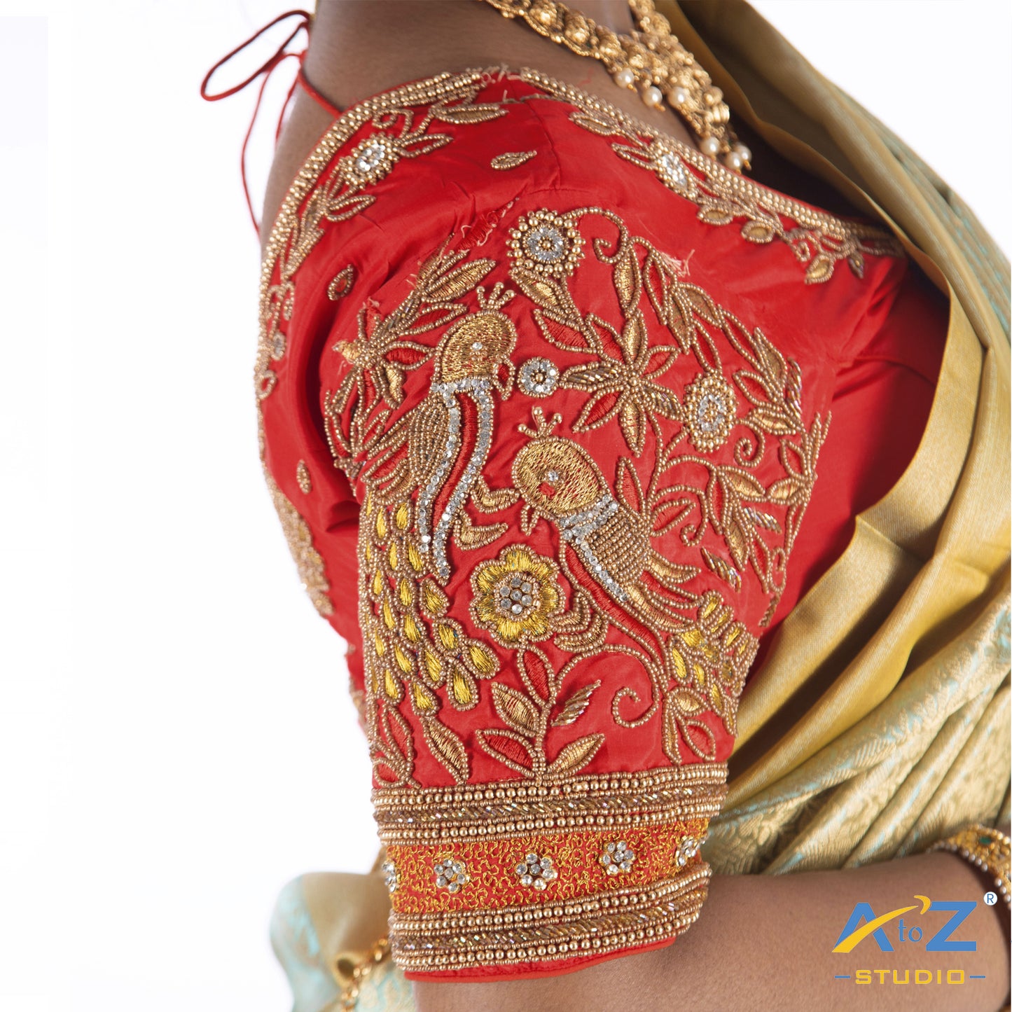 Light Red Silk Cloth Blouse with Flower and Leaf with pearl and chain Design