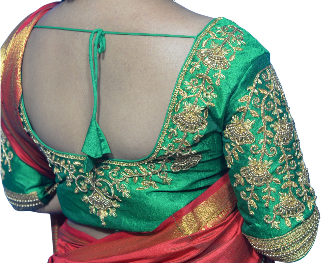Green Blouse with Floral Motifs & Dual Embroidery