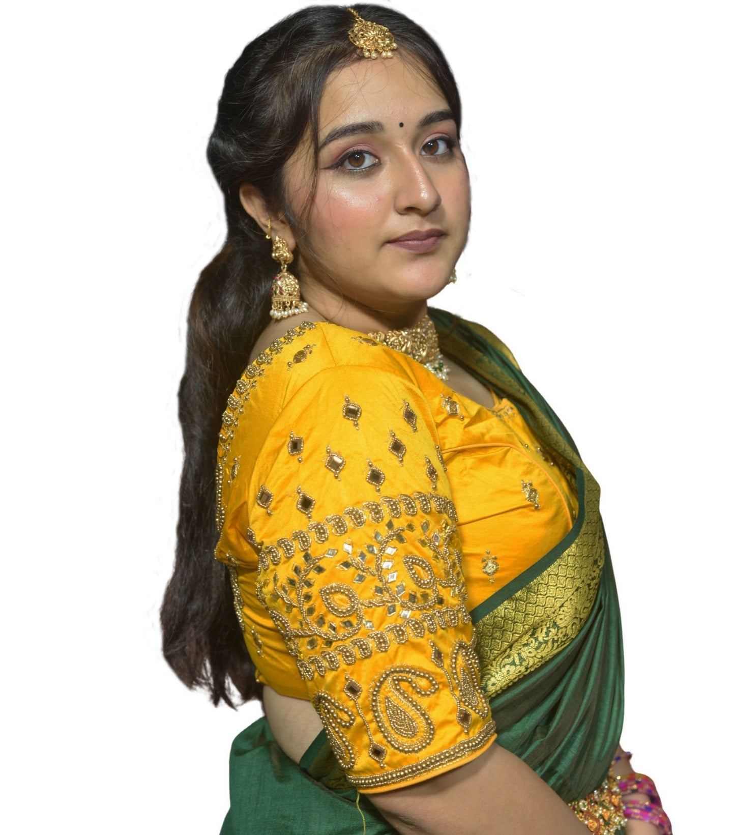 Golden Yellow Blouse with Kite & Mango Motifs, Dual Embroidery