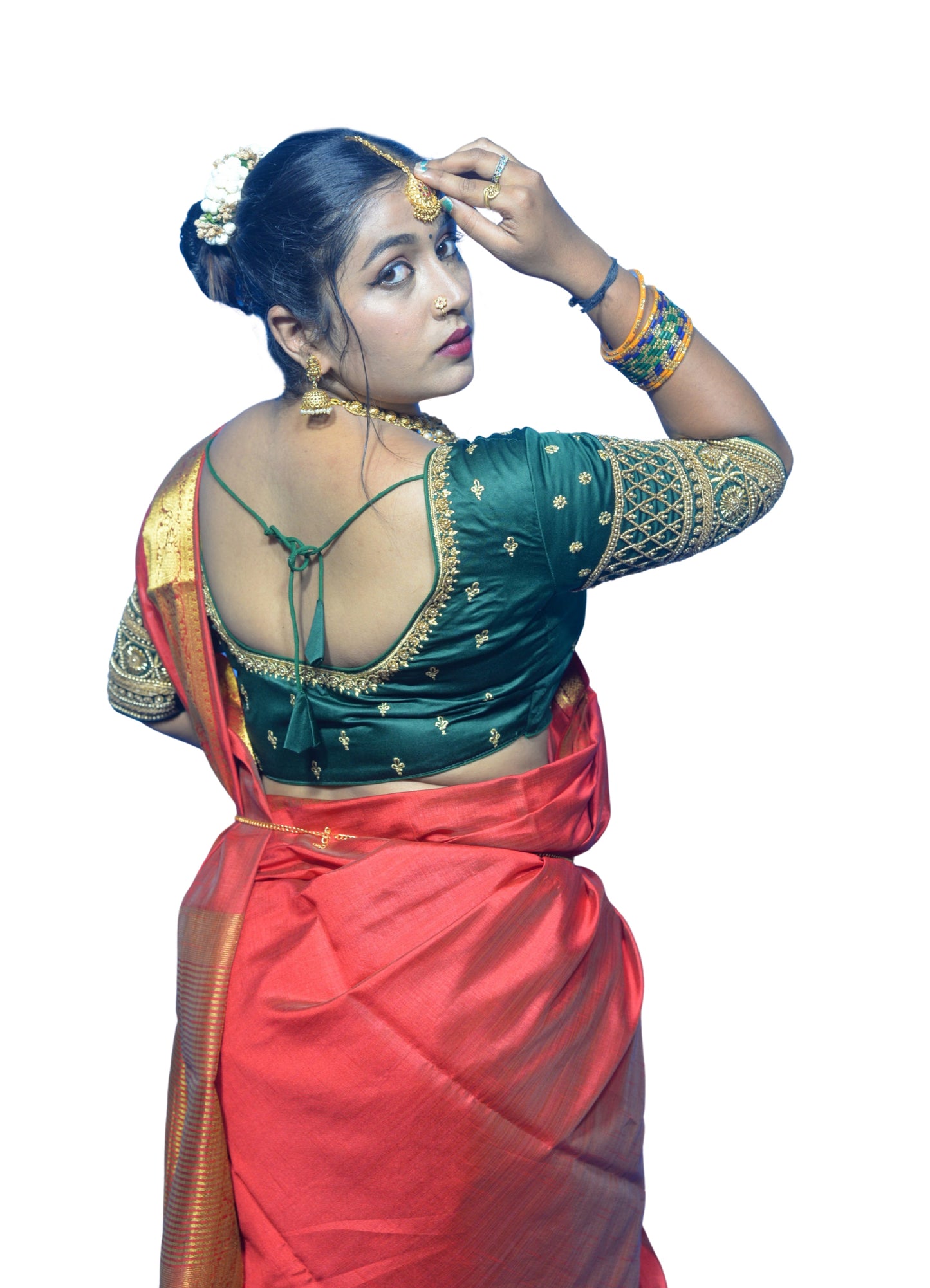 Designer Dark Green Blouse with Criss-Cross Floral Sleeves and Aari Embroidered Back