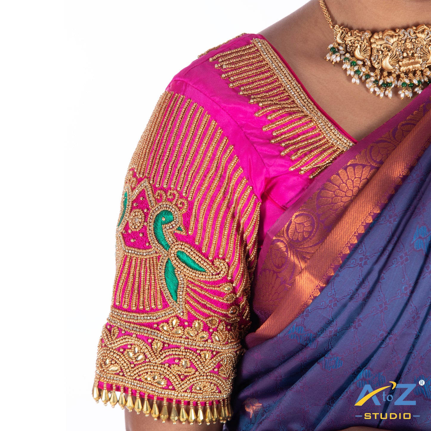 Bright Pink Silk Cloth Blouse with Small peacock double and chain and beeds Design