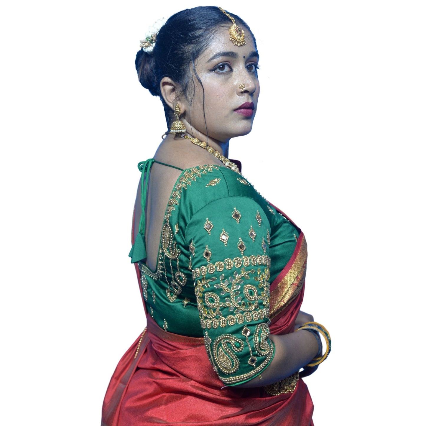 Basil Green Blouse with Kite & Mango Motifs, Dual Embroidery