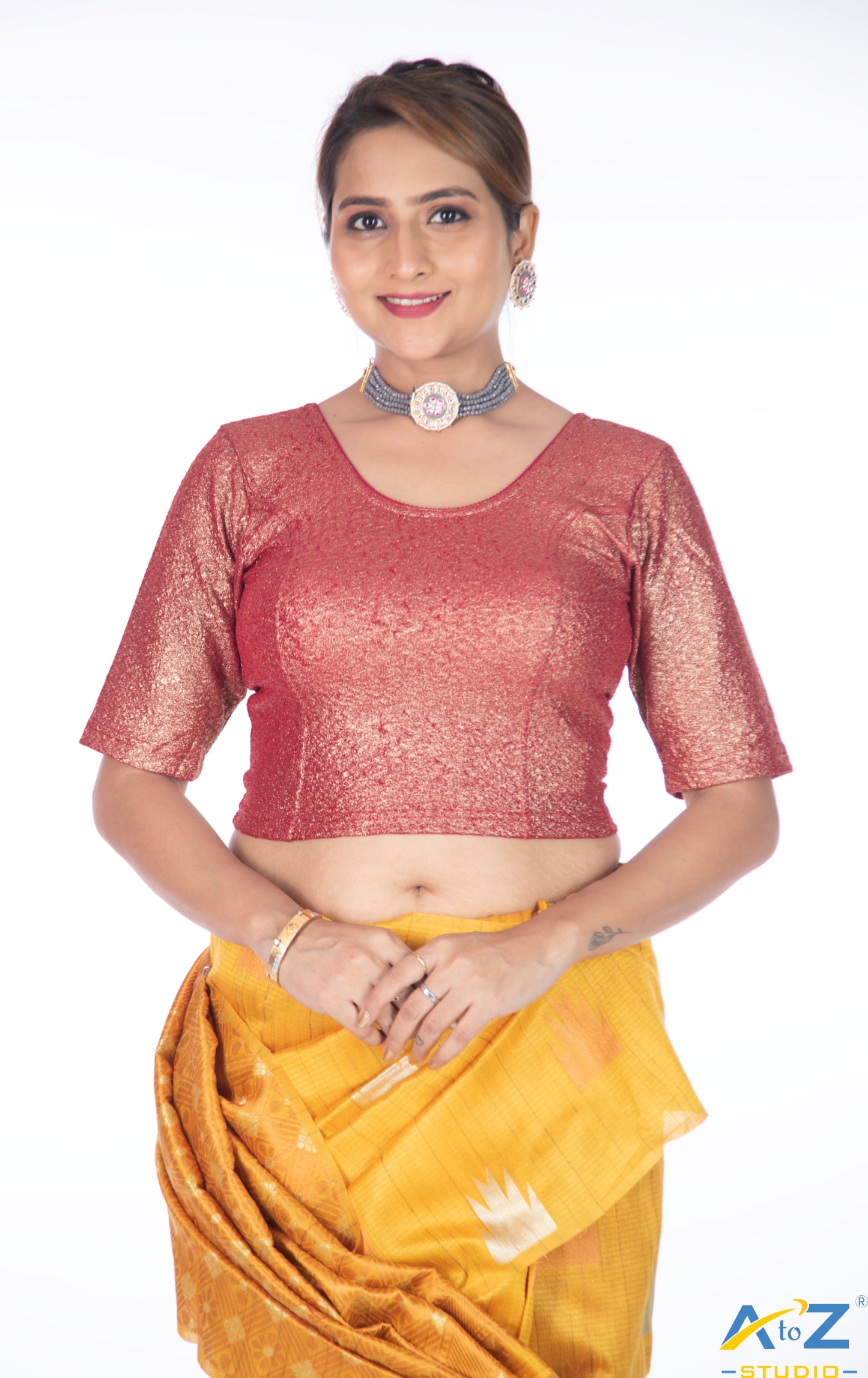 Maroon Tissue Lycra Blouse with Golden Crumble