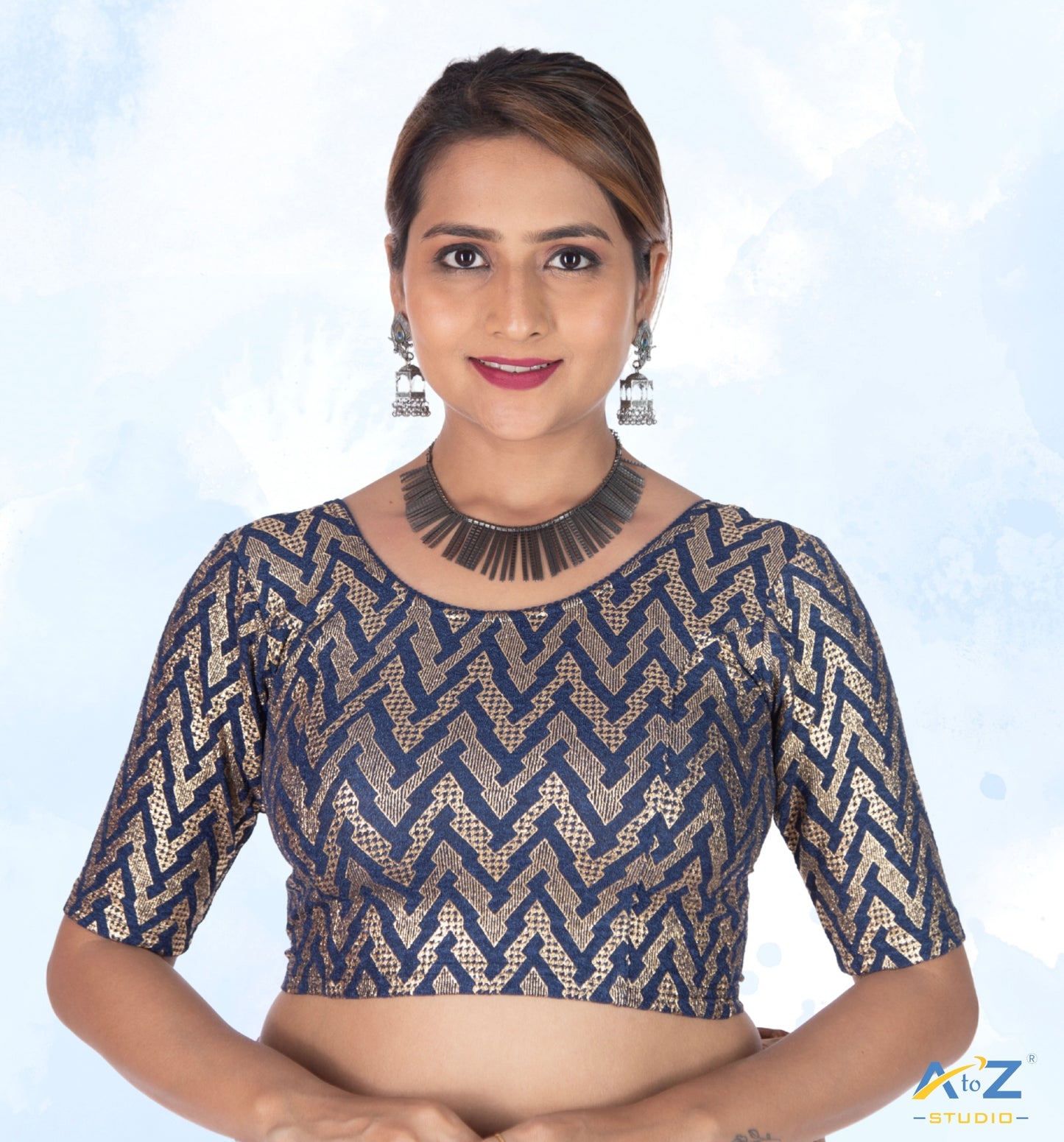 Navy Blue Crush Blouse with Zig Zag Golden Print