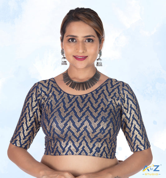 Navy Blue Crush Blouse with Zig Zag Golden Print