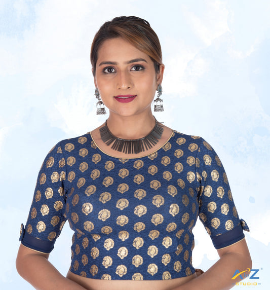 Navy Blue Crush Blouse with Golden Mango Print