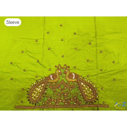 Parrot Green Silk Blouse Piece With Aari Work
