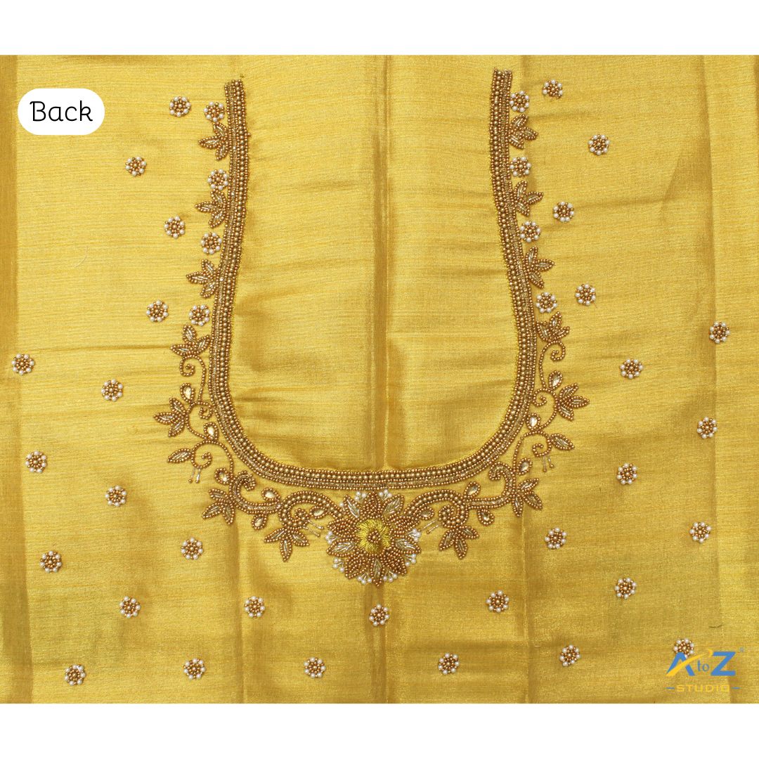 Gold Tissue Blouse Piece With Aari Work
