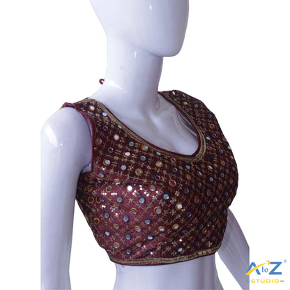 Hand-Embroidered maroon blouse with sequin & Mirror work.