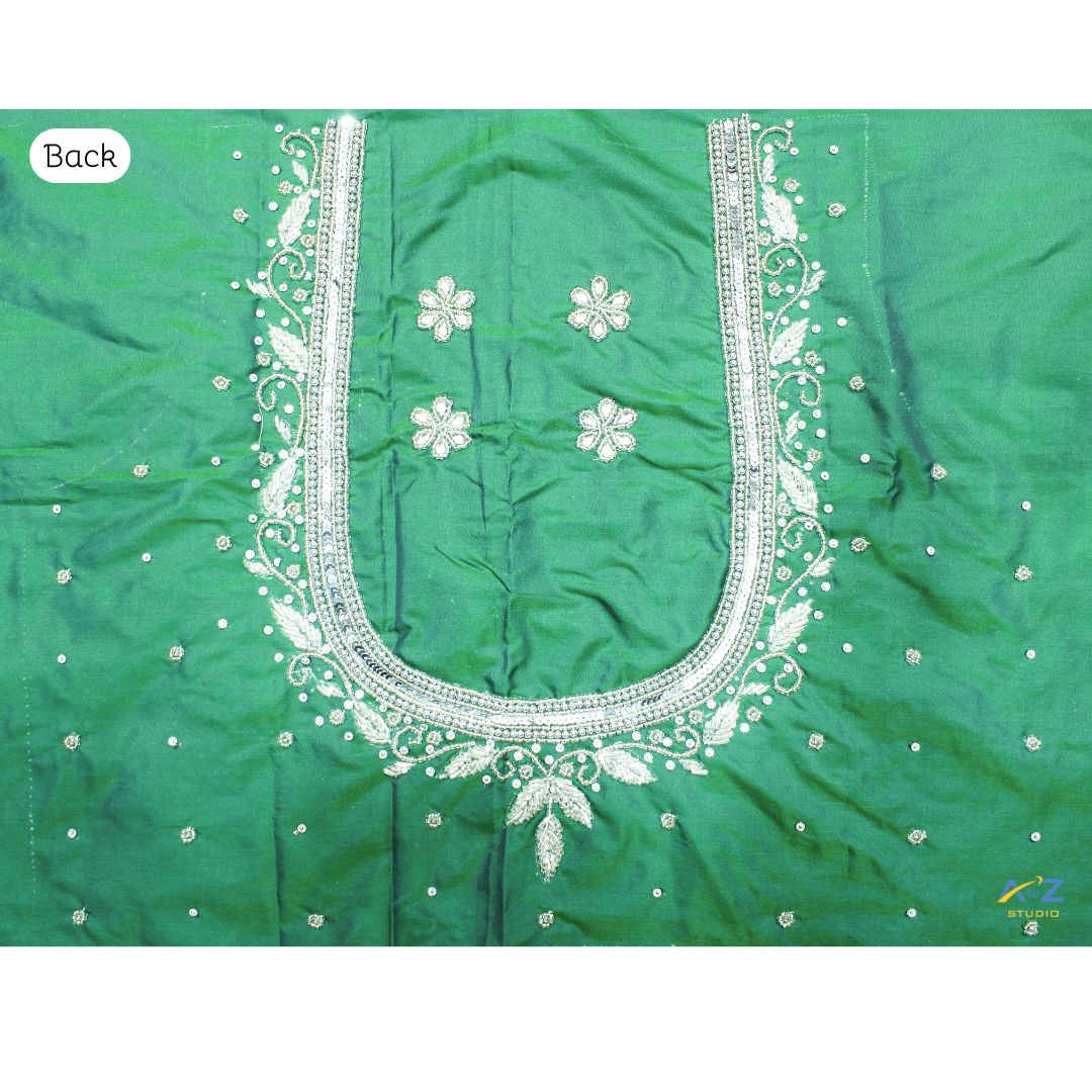 Castleton Green Silk Blouse Piece With Aari Work (Silver Work)