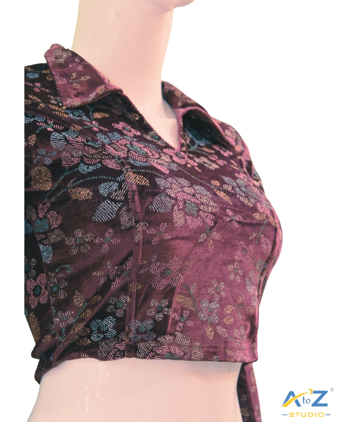 Wine  Velvet Blouse with Floral Prints