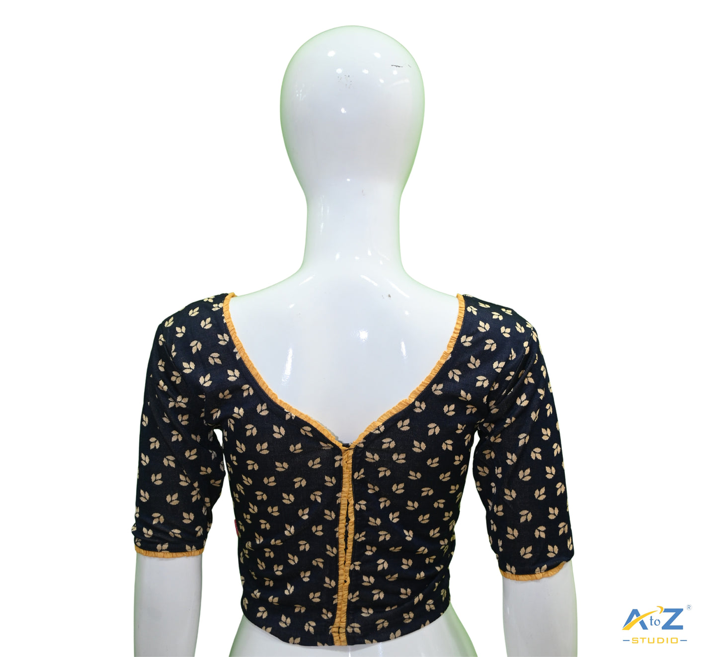 Navy Blue Nylon Lycra Leaf Design Elbow Sleeve Blouse