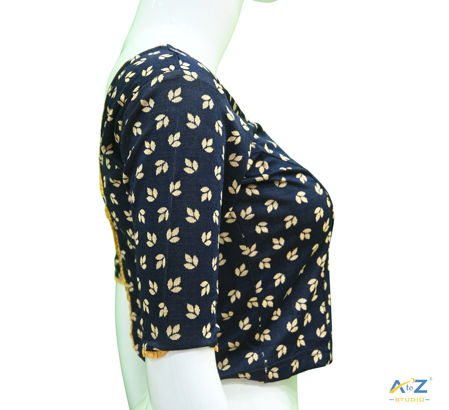 Navy Blue Nylon Lycra Leaf Design Elbow Sleeve Blouse