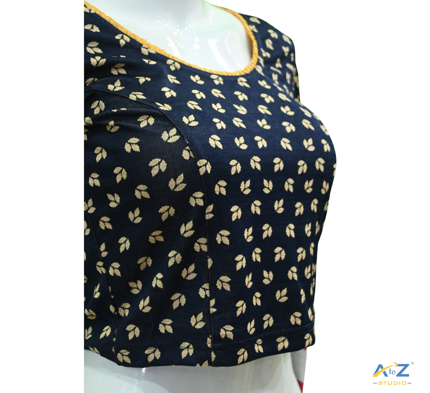 Navy Blue Nylon Lycra Leaf Design Elbow Sleeve Blouse