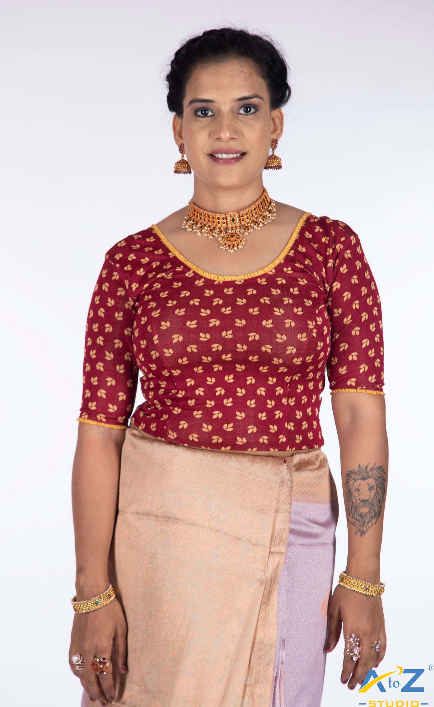 Maroon  Nylon Lycra Leaf Design Elbow Sleeve Blouse