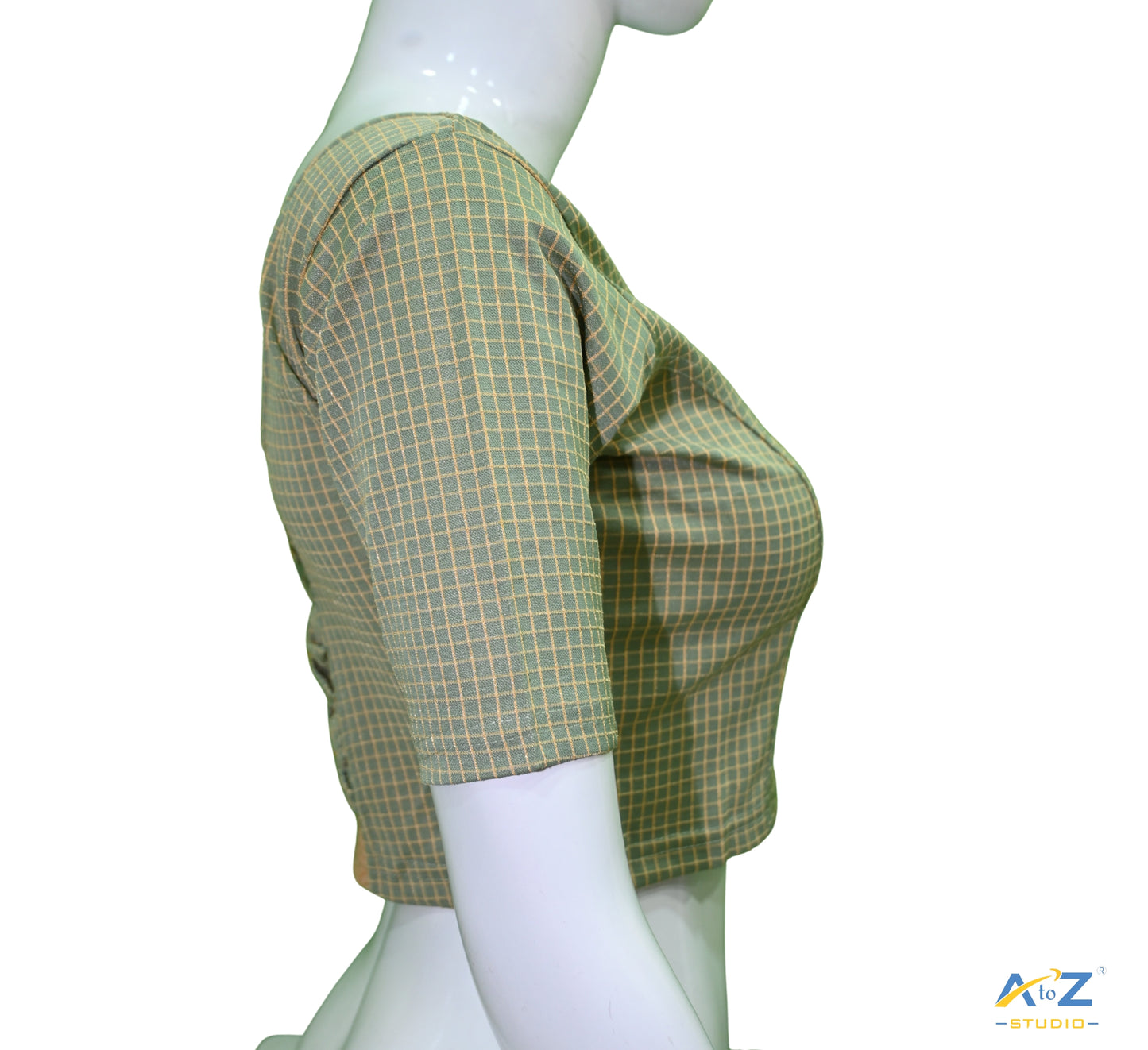 Dusty Olive Cotton Lycra Blouse with Micro Checks