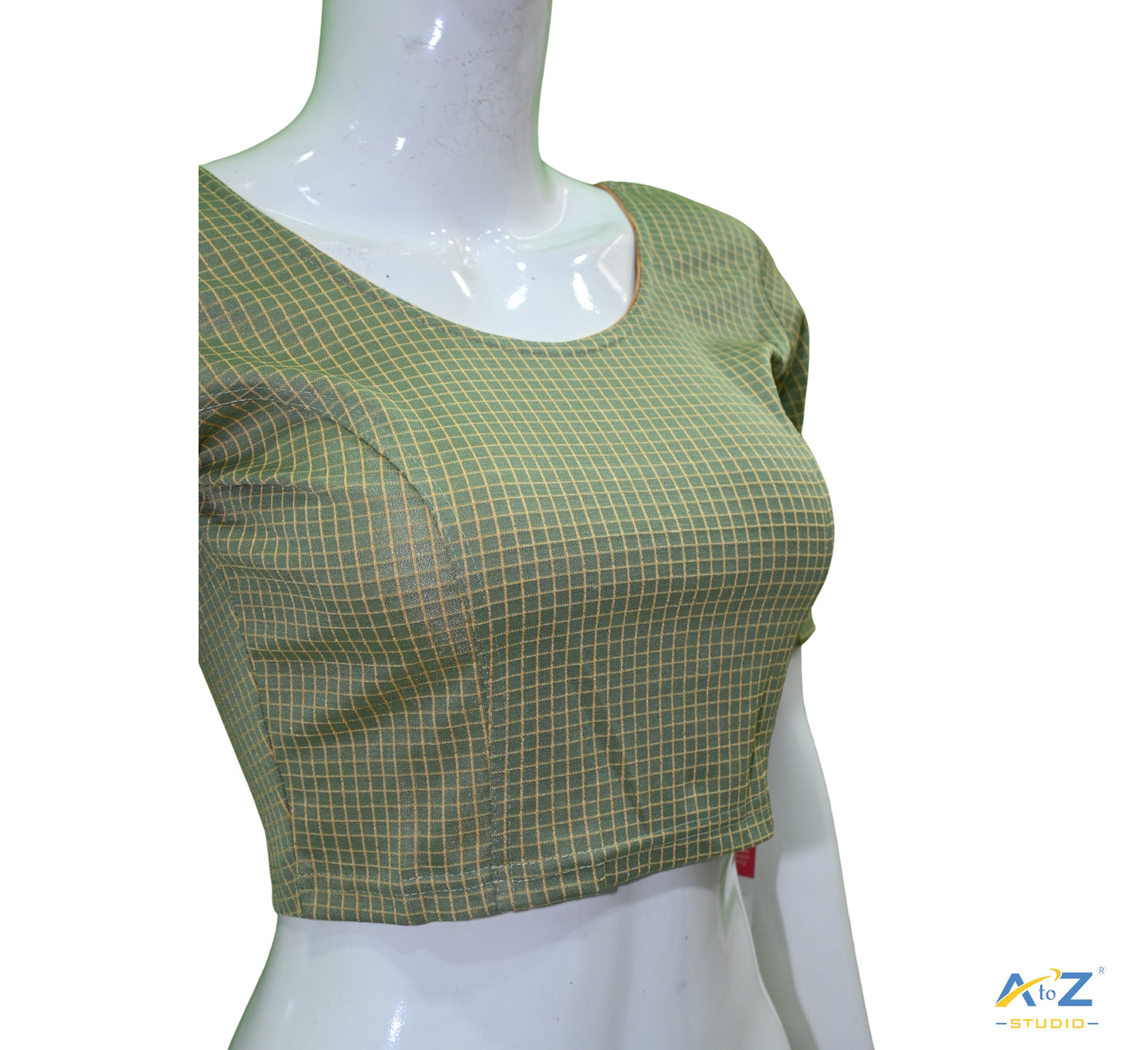 Dusty Olive Cotton Lycra Blouse with Micro Checks