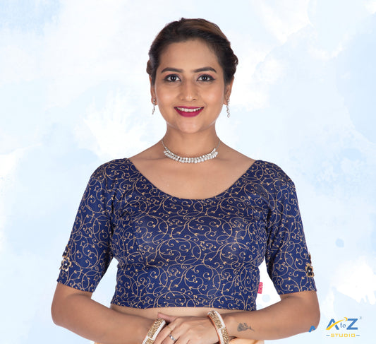 Navy Blue  Nylon Lycra Blouse with Applique Flowers
